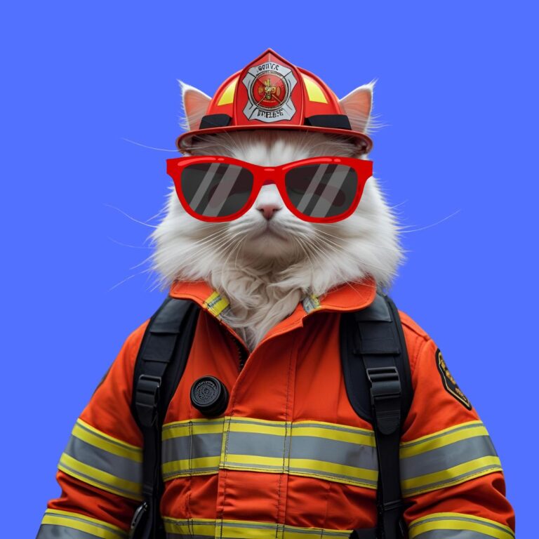 white-cat-in-fireman-uniform- wearing - red - sunglasses
