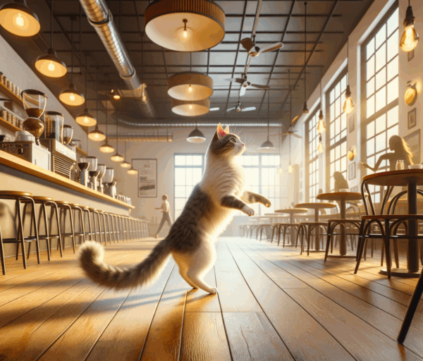 Featured image showing a realistic image of a cat playing in a coffee shop