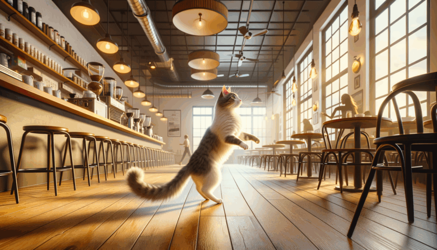 Featured image showing a realistic image of a cat playing in a coffee shop